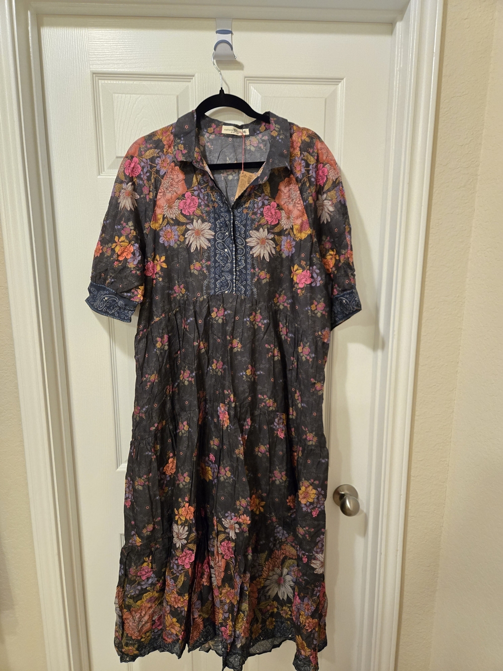 NATURAL LIFE Dark Floral Maxi Dress with Pink & Orange Blooms